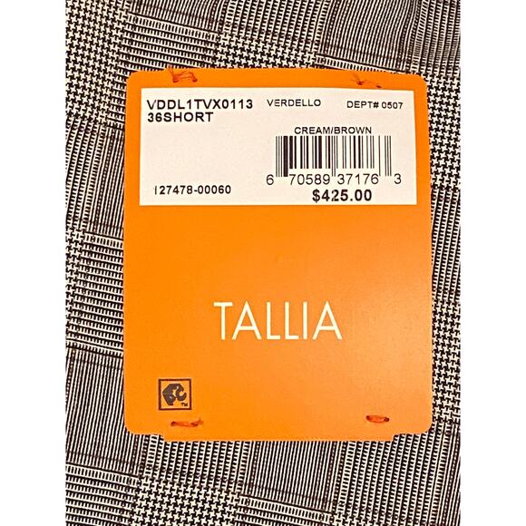 Tallia Men's 36 Short Suit Jacket Stretch Wool Blend Cream/Brown Plaid NEW - Picture 9 of 10